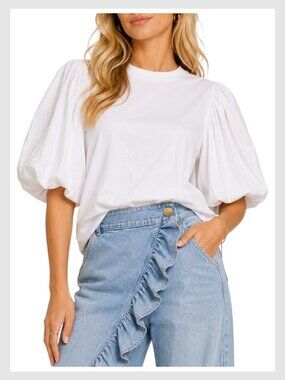 Cinq à Sept Moda Balloon Sleeve Tee White Puff Sleeve Oversized Top Size L